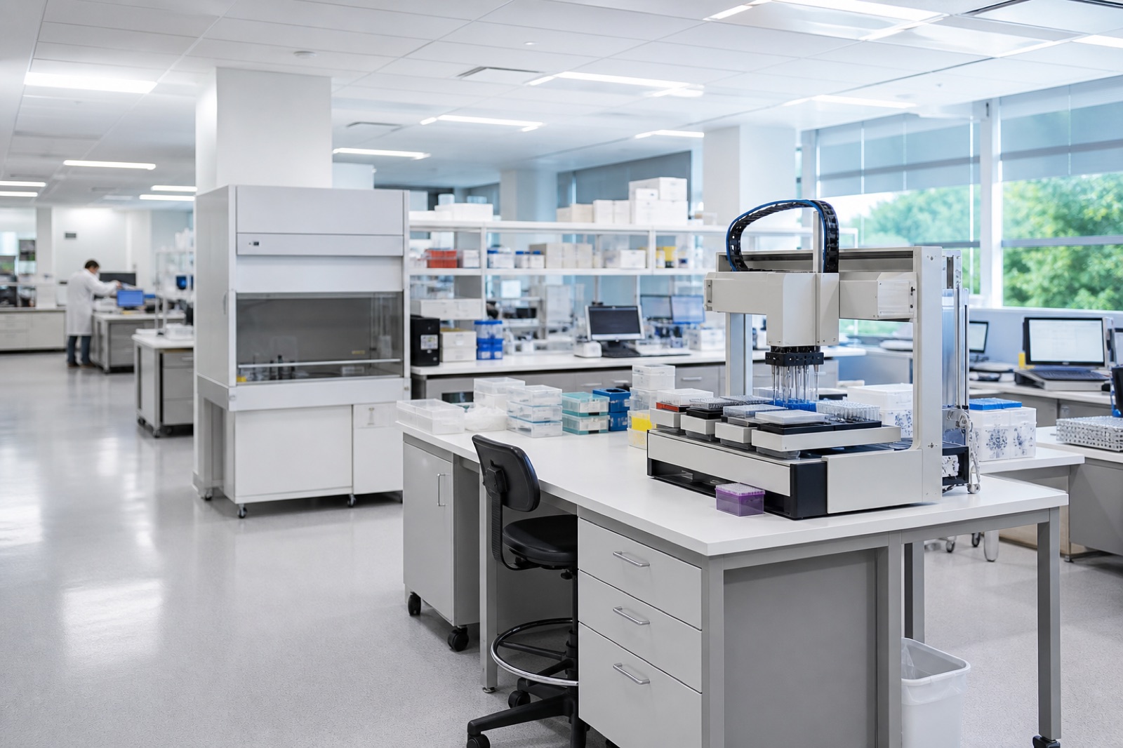 Research laboratory with an automated liquid handling workstation on a bench